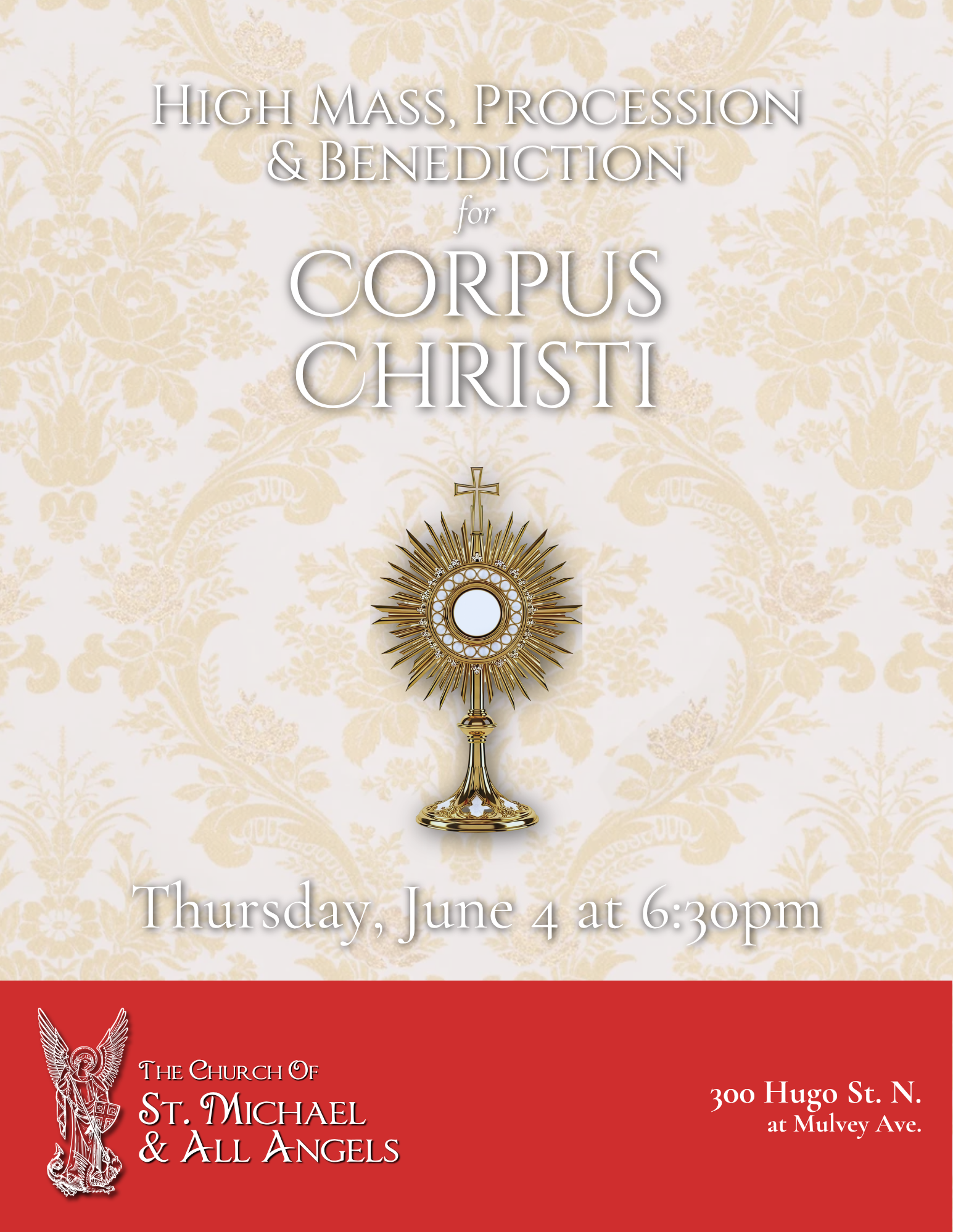 Poster with the details for the Corpus Christi High Mass, Procession, and Benediction. Words with a monstrance on a background of gold and white brocade.